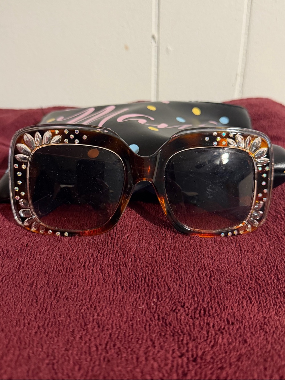 Embellished Tortoiseshell Square Sunglasses - Brown
